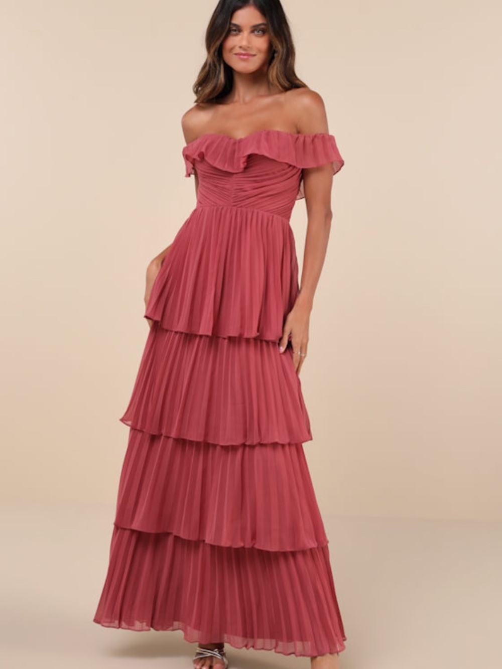 Lulus Always Remarkable Rusty Rose Pleated Off-the-shoulder Maxi Dress Pink